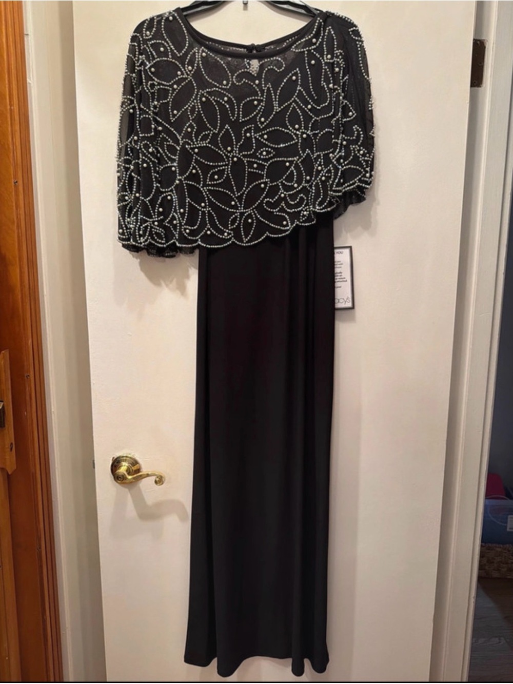 Elegant Black Beaded Evening Dress with Cape Overlay NWT